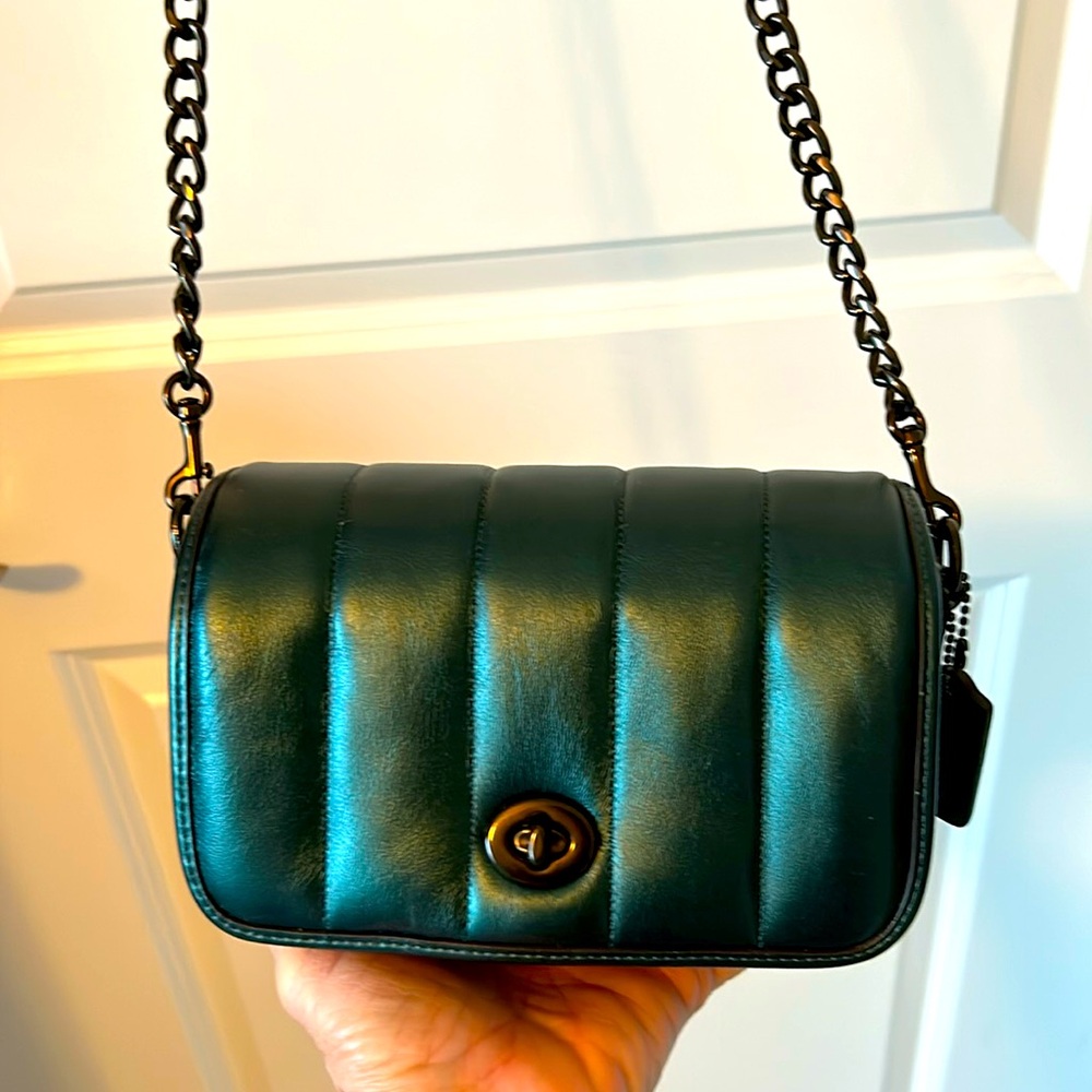 Coach small emerald green metallic crossbody bag like new turn key closure.
